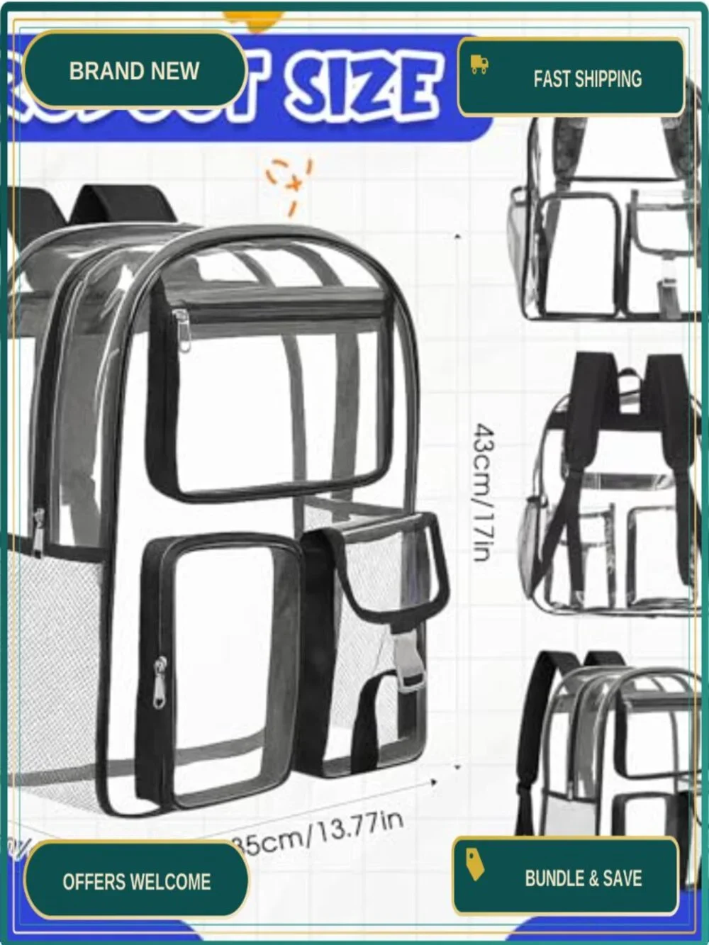 Clear PVC Backpack with Study Supplies Kit - Stationery Set, Stadium Approved,